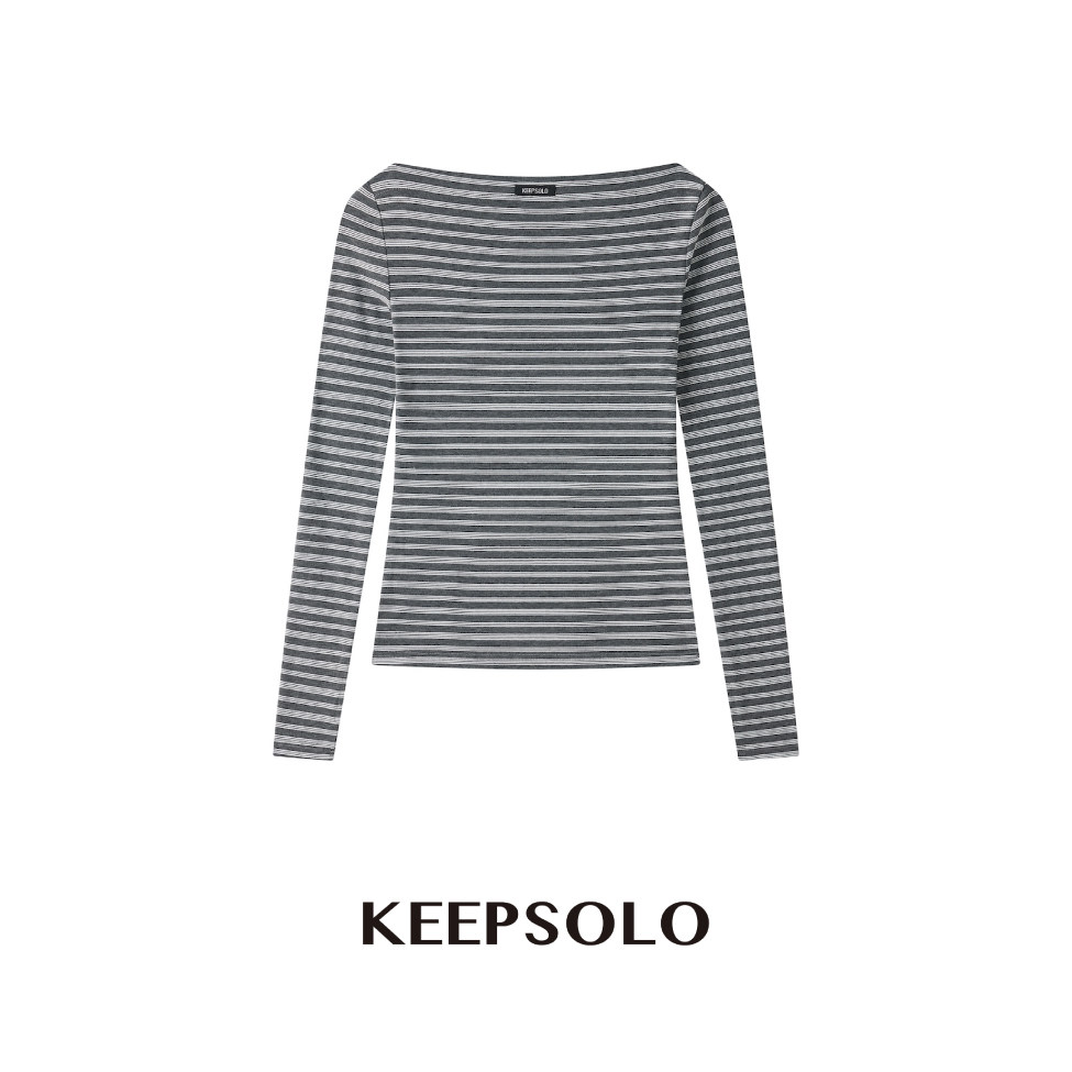 KeepSolo条纹一字肩长袖T恤