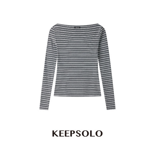 KeepSolo条纹一字肩长袖T恤