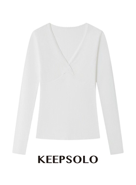 KeepSolo「轻薄无物」V领羊毛花边网面长袖T恤打底衫002