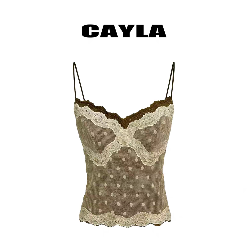 CAYLA春夏波点V领蕾丝胸垫吊带