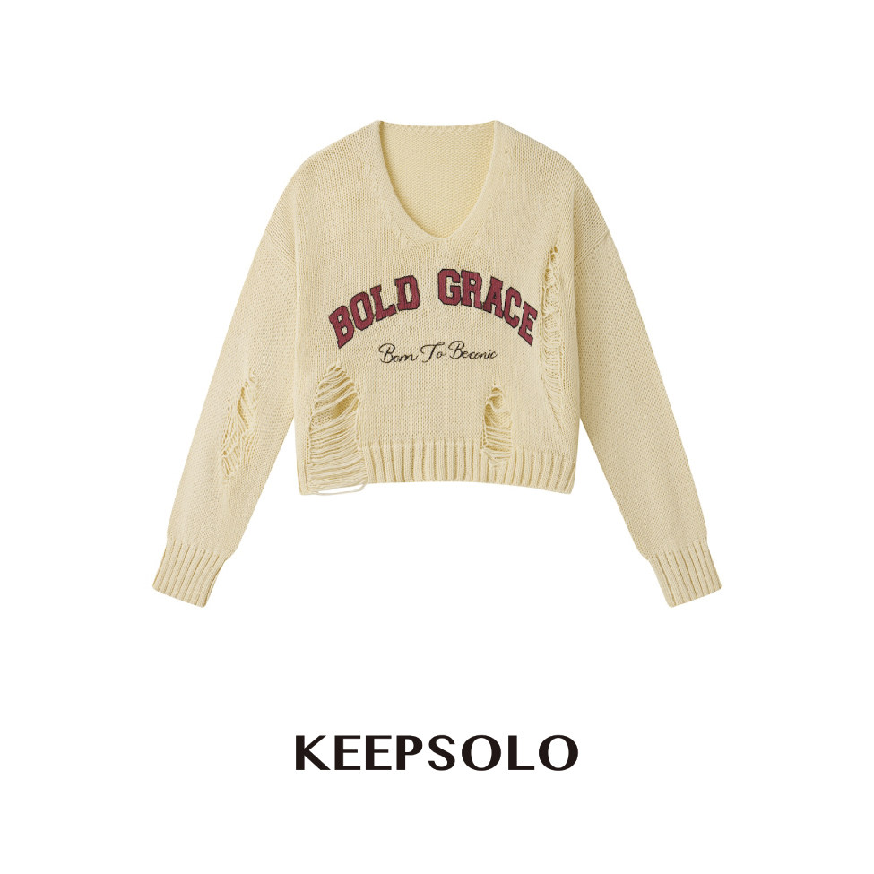 KeepSolo「复古时髦」字母印花斜肩破坏针织毛衣26AW022