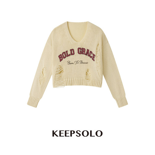 KeepSolo「复古时髦」字母印花斜肩破坏针织毛衣26AW022