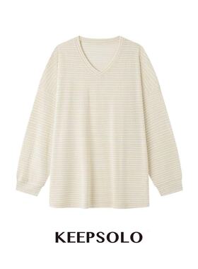KeepSolo「呼吸条纹」慵懒丝麻条纹V领T恤024