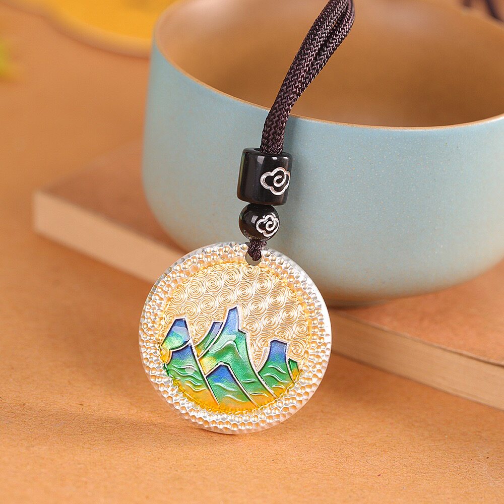 山水足银9999描金项链女复古国风珐琅纯银吊坠长款毛衣链江山银饰