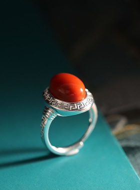 复古S925纯银南红戒指