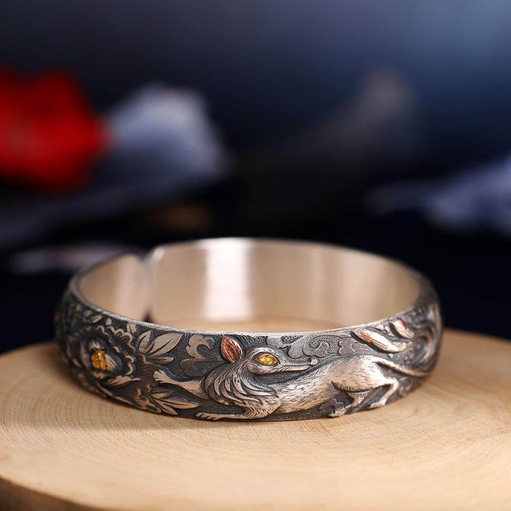 九尾狐足银999手镯女开口纯手工狐狸纯银镯子复古民族风錾刻灵狐