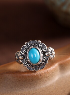 复古做旧民族风纯银绿松戒指