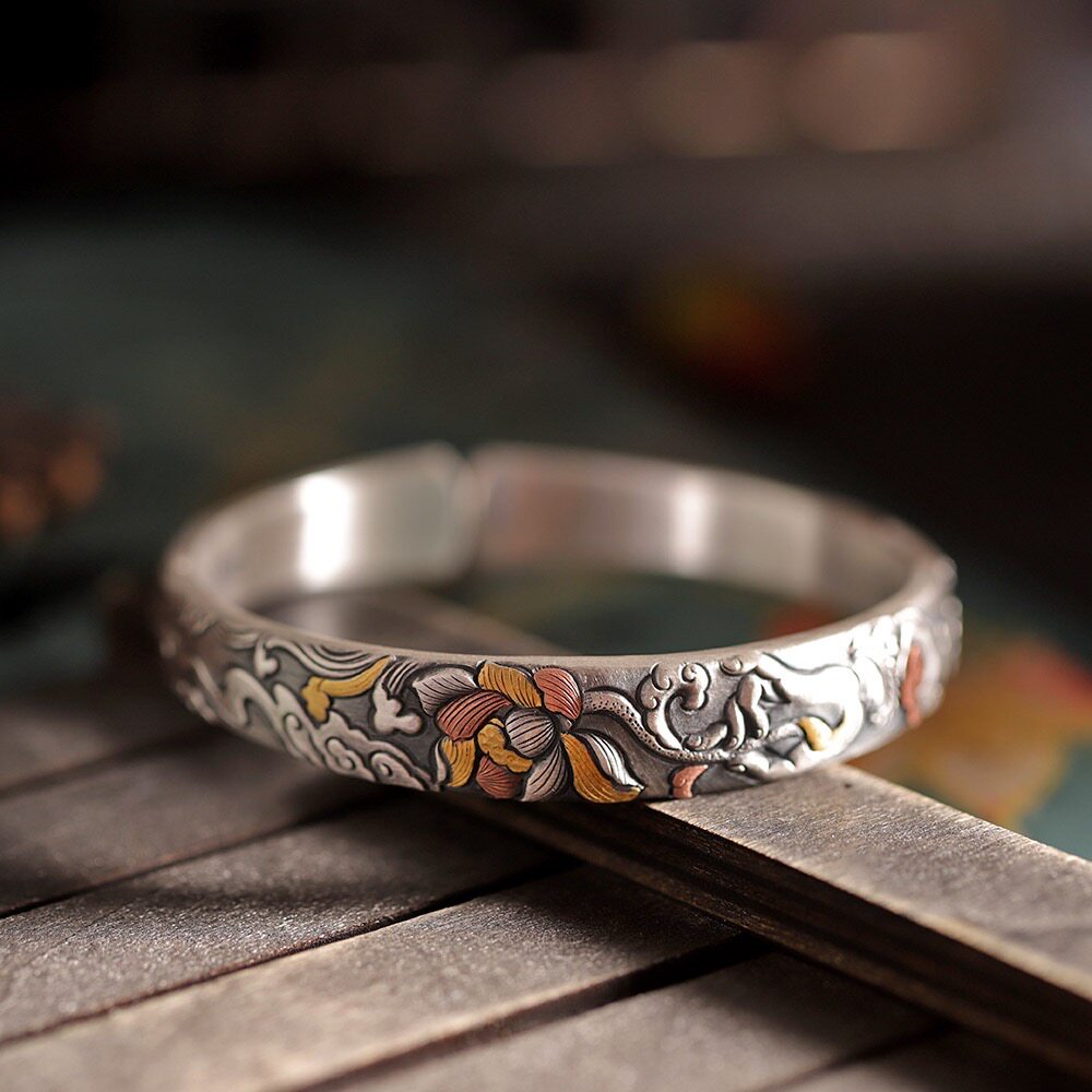 佛手莲花足银999手镯开口纯手工镶金纯银镯子复古做旧民族风礼物