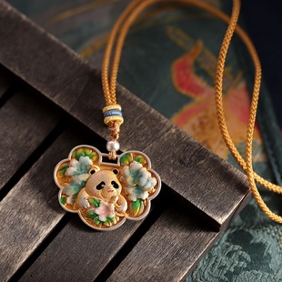 时尚足银999熊猫项链长款复古国风珐琅彩纯银吊坠长款毛衣链礼物
