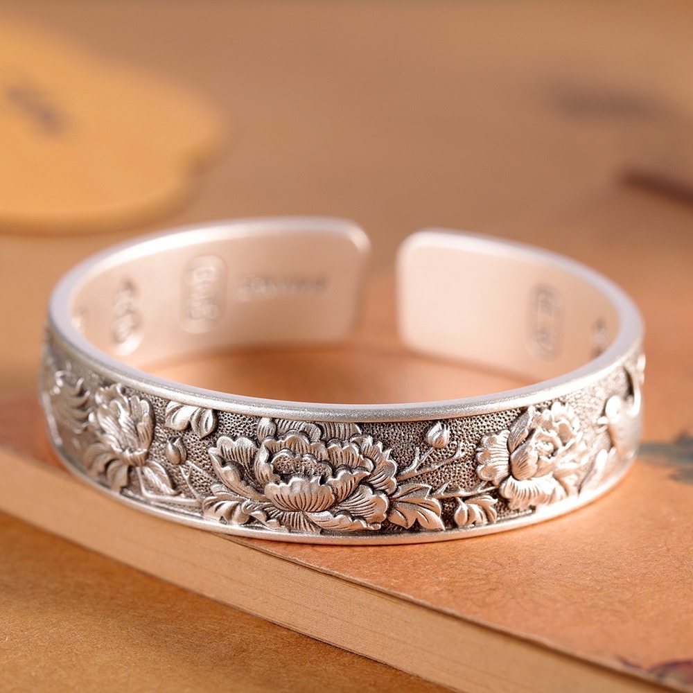 古法吉言足银9999牡丹花手镯女开口复古做旧民族风纯银镯子礼物