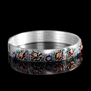 花开富贵999足银牡丹手镯女开口复古民族风心经纯银妈妈镯子礼物