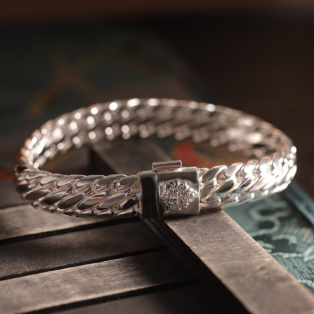 大气足银999黄财神三马鞭手链男款简约时尚纯银手饰银饰手饰礼物