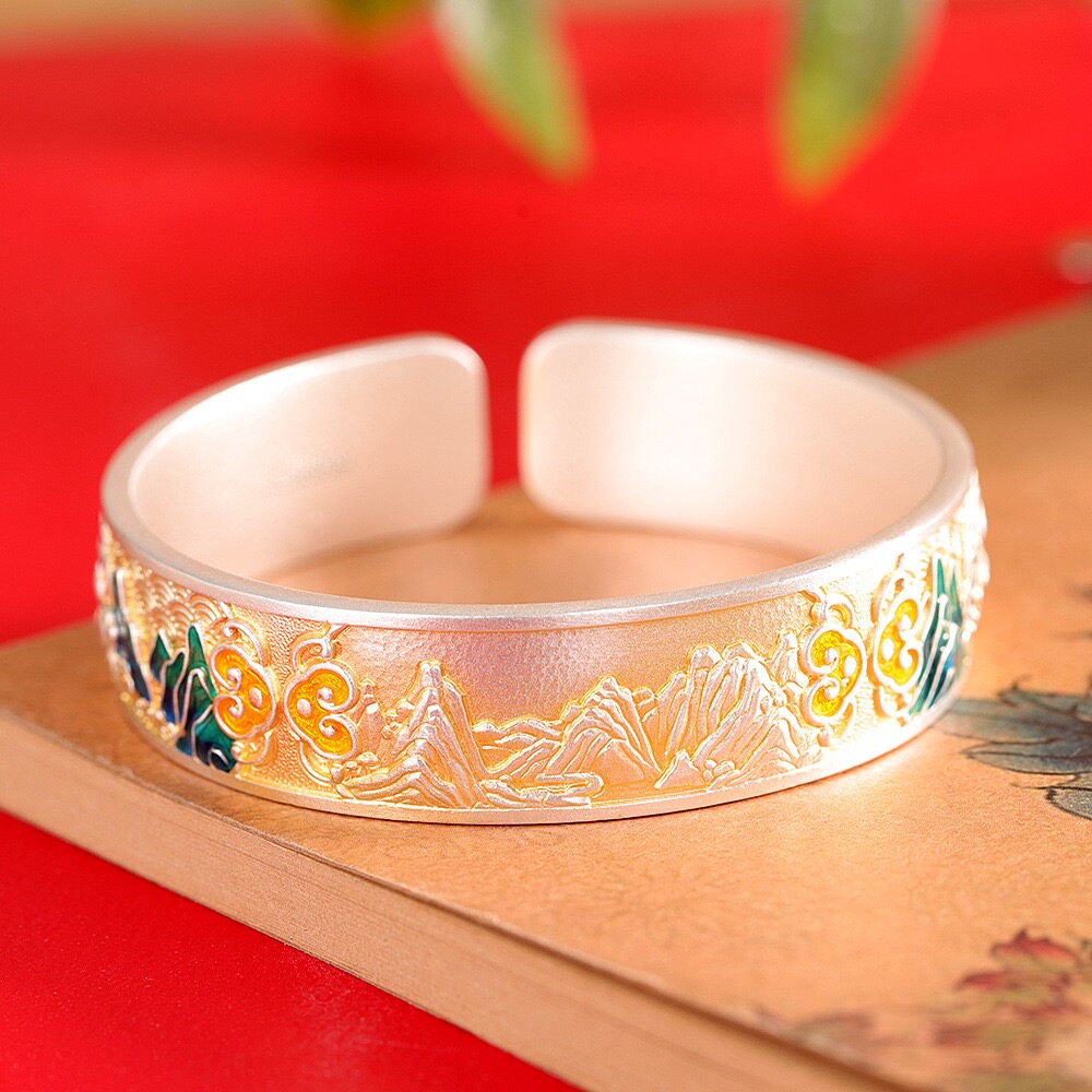 千里江山足银999手镯女开口宽版国风珐琅纯银镯子手环描金民族风