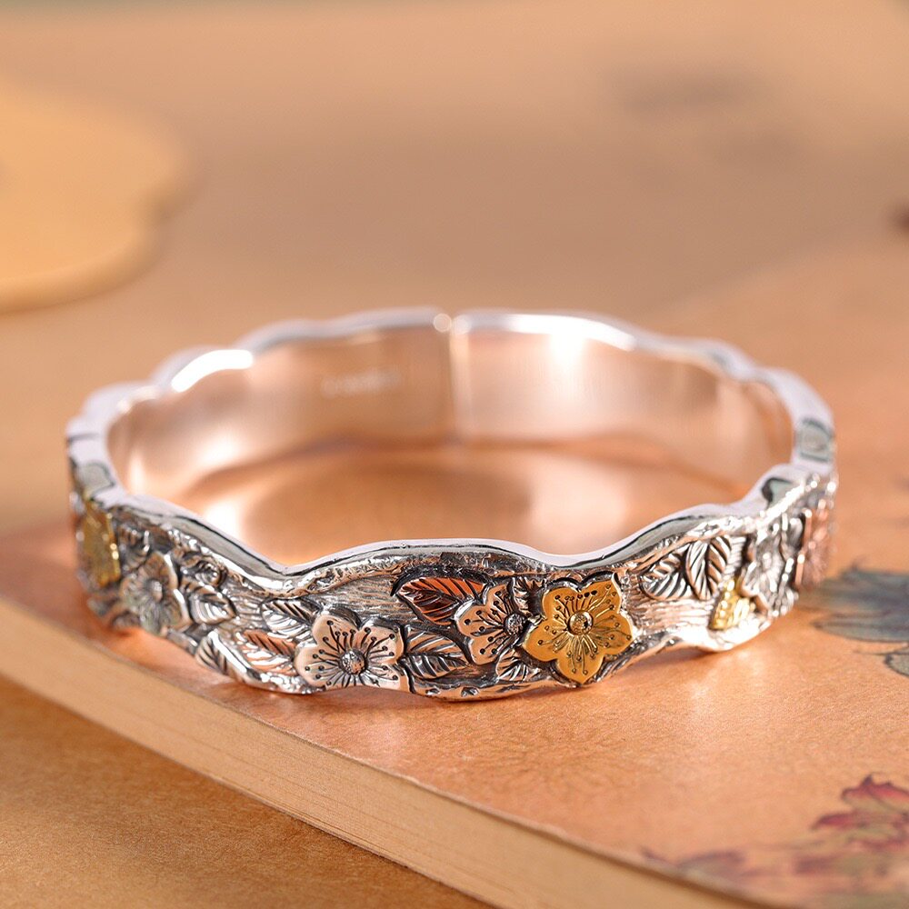 手工足银999樱花手镯女开口实心复古雕刻纯银镯子做旧民族风礼物