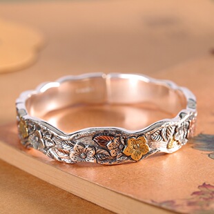 手工足银999樱花手镯女开口实心复古雕刻纯银镯子做旧民族风礼物