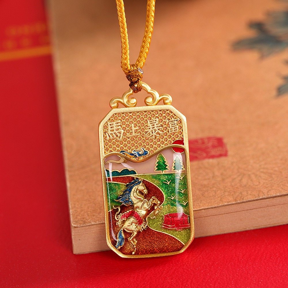 马上暴富足银999珐琅彩项链长款复古国风时尚纯银吊坠毛衣链礼物