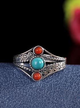 复古做旧925银镶嵌松石南红戒指