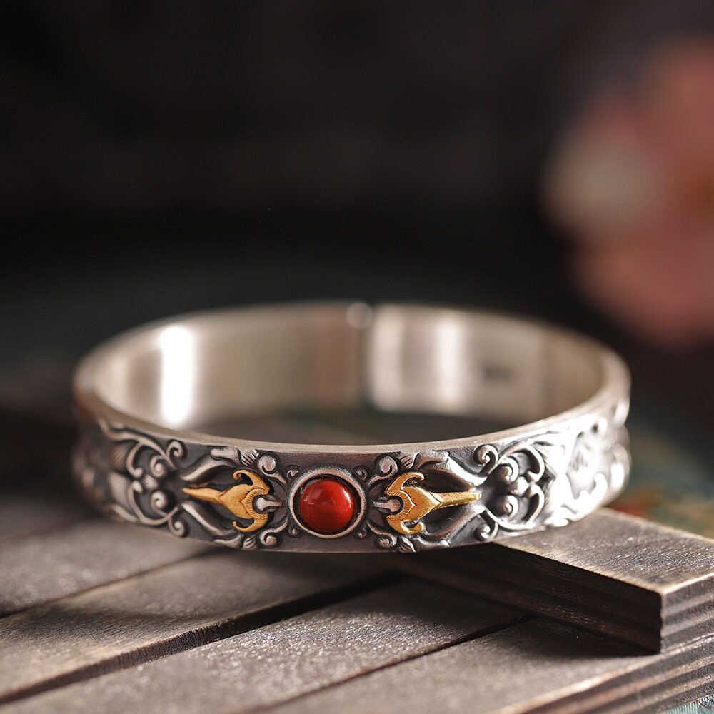 金刚杵足银999手镯开口复古民族风手工纯银镯子錾刻镶金男女礼物