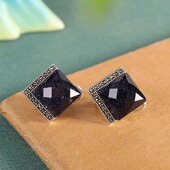 时尚 大方s925纯银耳钉女蓝砂石石榴石玛瑙方形耳扣复古泰银耳饰