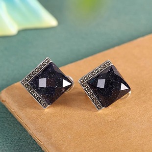 时尚大方s925纯银耳钉女蓝砂石石榴石玛瑙方形耳扣复古泰银耳饰