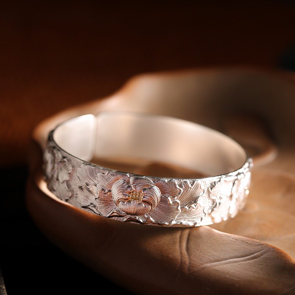 古法足银9999牡丹花手镯女开口复古简约纯银镯子时尚国风手环礼物