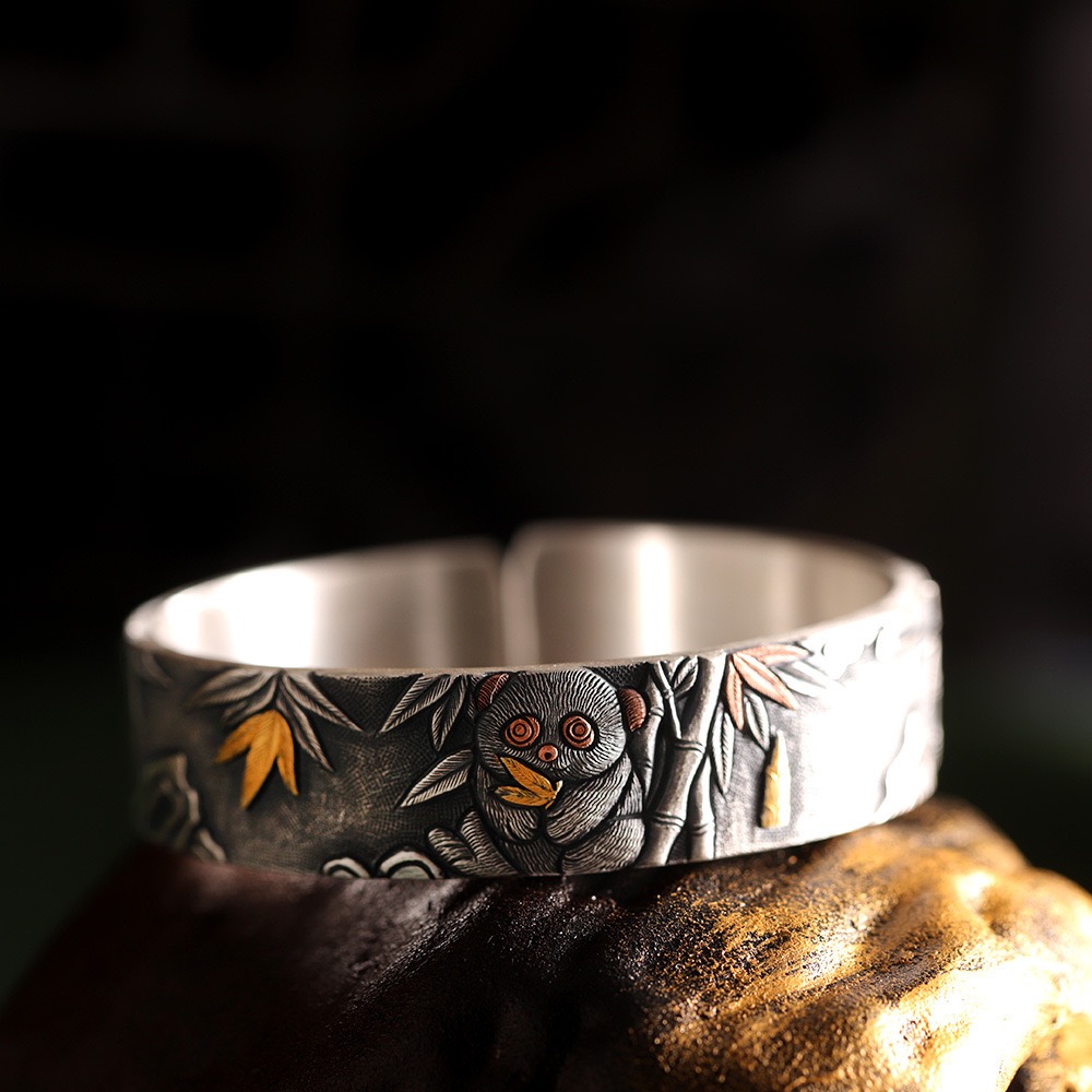 熊猫竹趣足银999镶金手镯