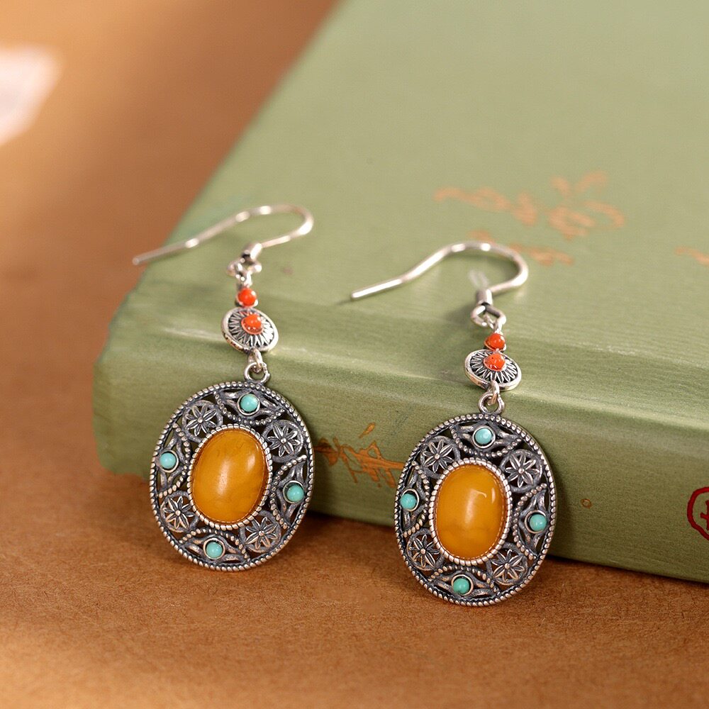 复古S925纯银蜜蜡耳环女气质做旧民族风圆形耳坠异域风耳饰镶嵌