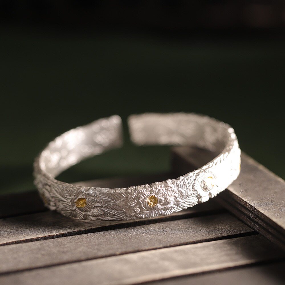 古法足银9999牡丹花手镯女开口复古国风纯银镯子简约民族风礼物