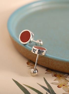 女通体s925银复古精工南红耳钉