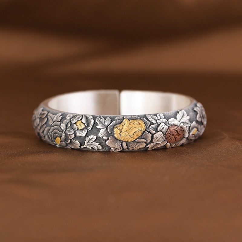 富贵牡丹999足银手镯女开口复古民族风镶金纯银镯子手环精工礼物