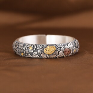 富贵牡丹999足银手镯女开口复古民族风镶金纯银镯子手环精工礼物