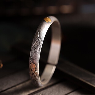 荷韵足银999荷花手镯女复古民族风纯银镯子镶金荷叶纯手工礼物