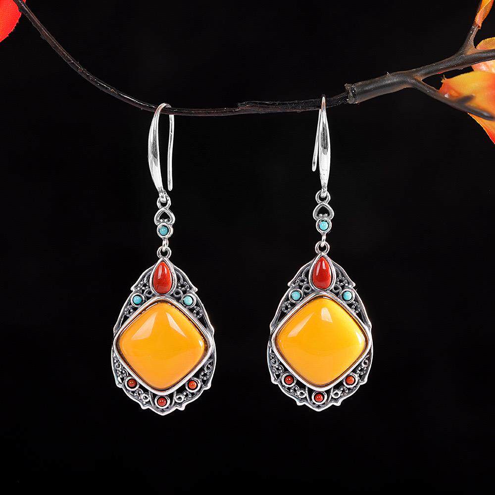 古典925纯银蜜蜡耳环女复古民族风唯美文艺镶嵌耳坠做旧耳饰饰品