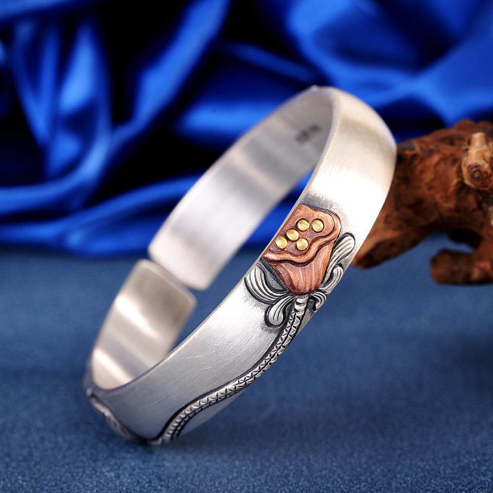 手工足银999莲蓬手镯女开口复古民族风纯银镯子镶金大气妈妈礼物