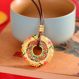 轻奢足银999八宝罗盘项链女描金珐琅彩纯银吊坠花丝平安扣毛衣链