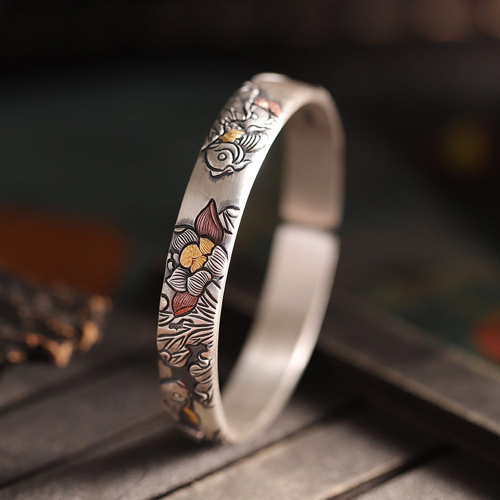 纯手工足银锦鲤莲花手镯复古做旧镶金纯银镯子民族风中式錾刻礼物