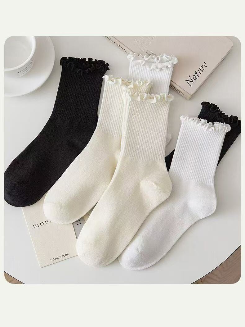 木耳边堆堆袜女春秋季 搭配小皮鞋中筒袜白色黑色花边袜子