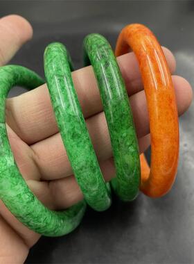 四海玉器 满绿色干青翠玉圆条手镯 中大号橙色玉手镯 玉镯 特价