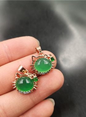 玉器925银镶嵌翠绿色玛瑙猫吊坠