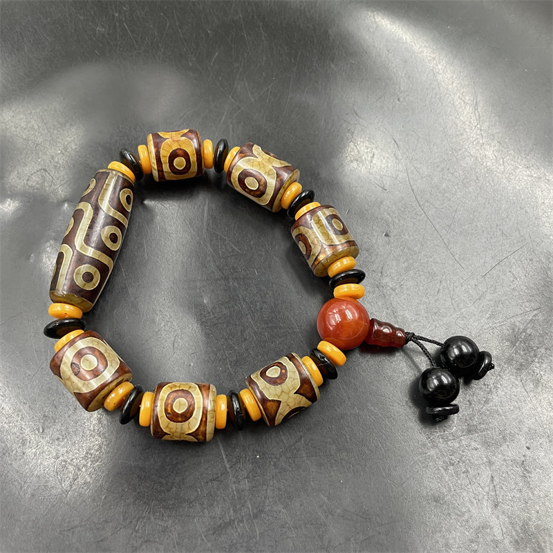 四海玉器 复古做旧三眼天珠玛瑙手链 回纹老玛瑙手串 财神手串