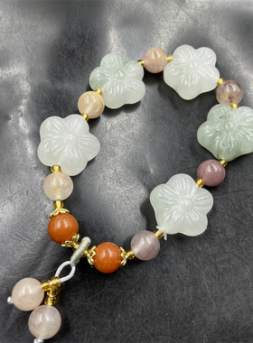 四海玉器 天然玉石白底青天山翠玉兰花手链 女款花朵玉手串