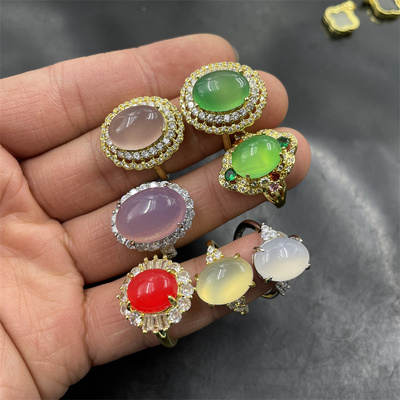 镶嵌冰白色玉髓玛瑙蛋形戒指 绿玉髓玛瑙戒指 粉色蛋形戒指 活扣