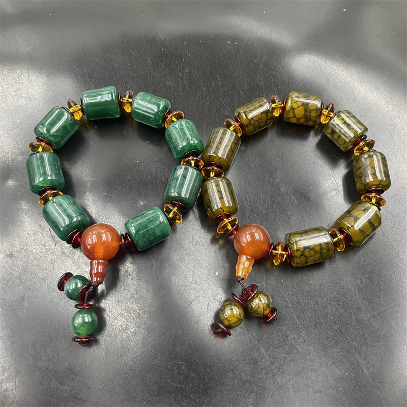 四海玉器 新款绿色龙纹玛瑙筒珠手链 手串 特价