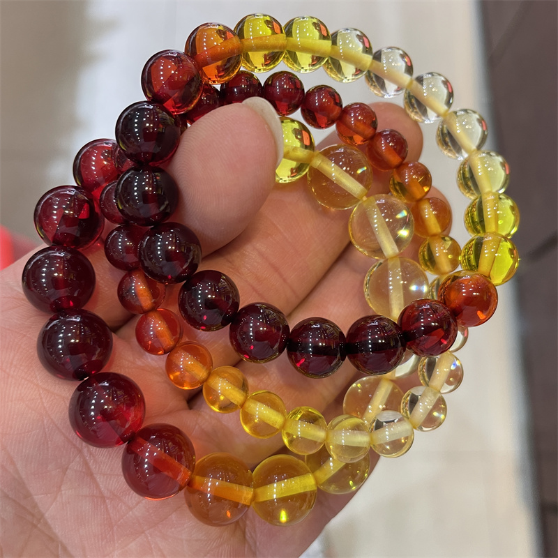 四海玉器 优化渐变色仿琥珀蜜蜡圆珠手链 女款精美饰品手串