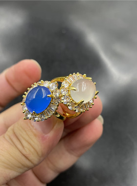 925银镶嵌蓝玉髓戒指白色玛瑙