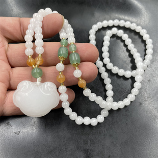 玉坠 毛衣链挂件 四海玉器 天然玉石新疆白玉金丝玉如意锁吊坠