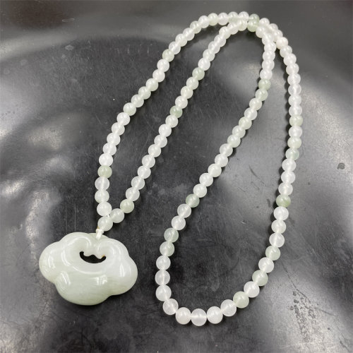 四海玉器 天然白底青天山翠玉如意锁吊坠 双面祥云锁毛衣链挂件