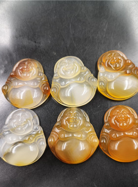 四海玉器 天然俏黄色玉髓玛瑙弥勒佛吊坠 女款俏色玛瑙大肚佛