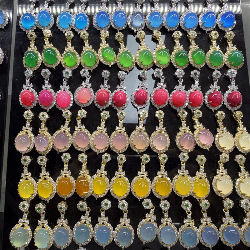 镶嵌绿玉髓耳环 女款银色豪镶浅粉色玛瑙耳坠 黄玉髓耳饰蛋形耳针