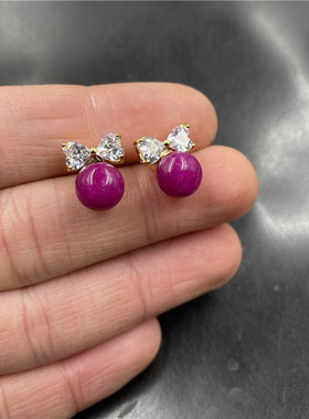 四海玉器 镶嵌舒俱来圆形耳针 耳饰 女款粉紫色玉石耳钉